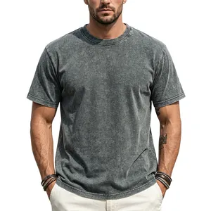 Close-up of heavy 230g washed distressed crewneck t-shirt with drop shoulder