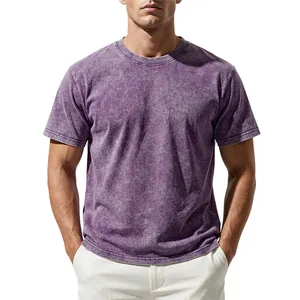 Detail view of purple mineral wash heavyweight cotton t-shirt with retro distressed look
