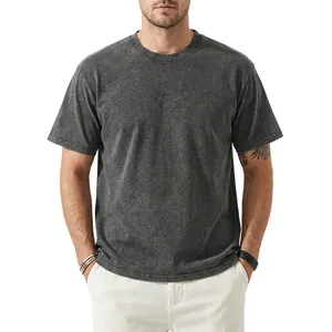 Front view detail of a heavyweight vintage washed charcoal grey crewneck t-shirt for men