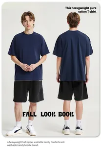Front and back view of a navy blue 260G heavyweight pure cotton loose-fit men's T-shirt.