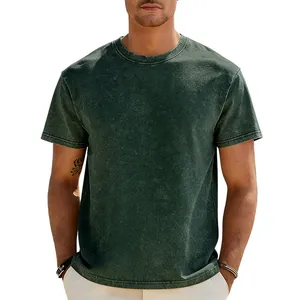 Detail of men's heavy 230g acid-washed retro t-shirt with crew neck design