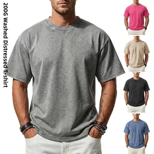 Men American Retro Washed Distressed Heavy Cotton T-Shirt Oversized Loose Fit Summer Short Sleeve Youth Top