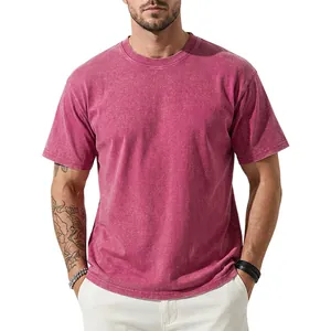 Detailed view of heavy weight 230g vintage washed rose red cotton T-shirt for men