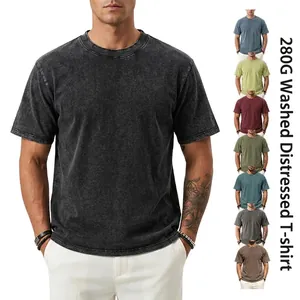 Men's American Retro Heavyweight Washed Distressed T-Shirt Pure Cotton Round Neck Drop Shoulder Short Sleeve Top