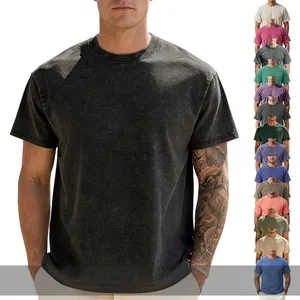 Men's Heavyweight Cotton T-Shirt American Retro Washed Distressed Acid Wash Round Neck Dropped Shoulder Loose Casual Top