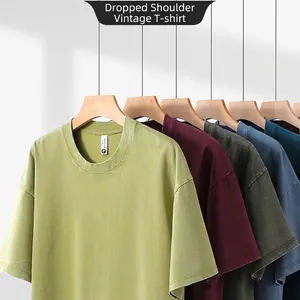 Men's Heavyweight Washed Distressed Cotton T-Shirt Oversized Retro Streetwear Drop Shoulder Round Neck Short Sleeve Top