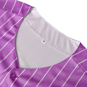 Professional purple striped baseball jersey with V-neck and button closure detail, size S
