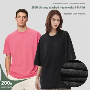 T-shirt da uomo pesante da 200g con lavaggio vintage in rosa e nero, stile retrò