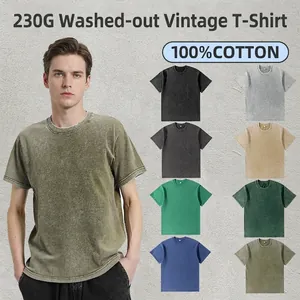 Men Heavyweight Cotton Washed Distressed T-Shirt American Retro Solid Color Round Neck Drop Shoulder Short Sleeve Top