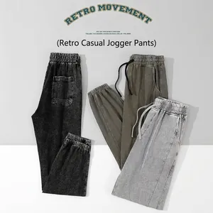 Retro 320g cotton washed joggers in grey, black, and olive green with elastic cuffs