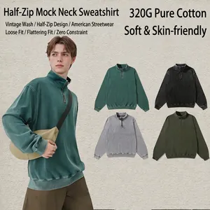 Men Heavyweight Cotton Vintage Washed Half Zip Stand Collar Sweatshirt Oversized Drop Shoulder Distressed Loose Sweatshirt Top
