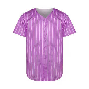 Classic purple and white striped short sleeve baseball jersey with button front closure