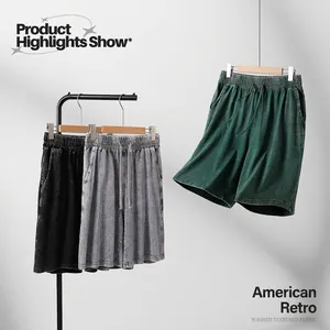 Heavyweight 240g washed cotton men's vintage loose shorts in black grey and green