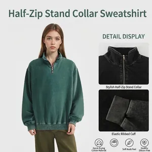 Men Vintage Washed Heavyweight Cotton Sweatshirt American Retro Half Zip Stand Collar Oversized Long Sleeve Pullover Top