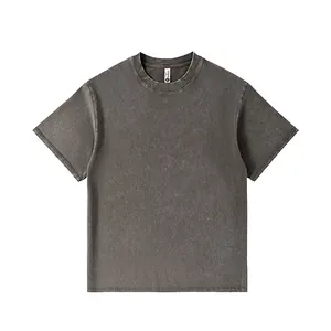 Premium heavyweight 280g washed distressed crewneck cotton T-shirt in charcoal gray