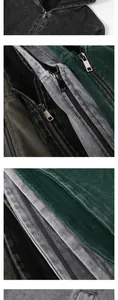 Macro detail of heavy washed cotton fabric and metal zipper on men's hooded sweatshirt