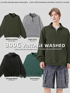 Sweat-shirt Lourd en Coton Vintage Américain pour Hommes Femmes Lavé Distressed Demi-Fermeture Éclair Col Montant Haut Oversize