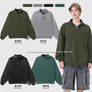 American Vintage Men Washed Distressed Hoodie Half Zip Stand Collar Heavyweight Cotton Loose Drop Shoulder Top Jacket