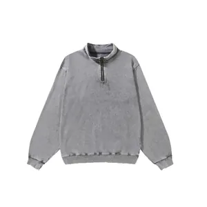 Vintage washed grey half-zip sweatshirt in 320g heavy cotton with loose drop shoulder fit