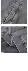 Detail view of washed distressed fabric and ribbed cuffs on men's cotton zip-up hoodie