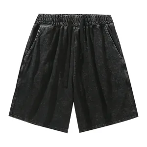 Vintage washed black men's retro shorts with drawstring and heavy cotton fabric