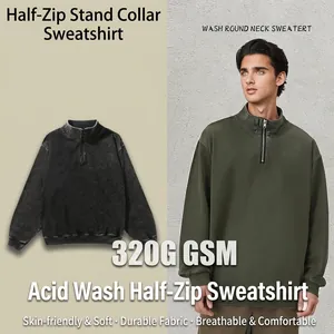 Men American Vintage Half Zip Stand Collar Sweatshirt 100% Cotton Washed Distressed Long Sleeve Top Oversized Loose Fit