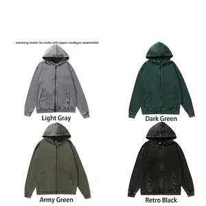 Men's Heavyweight Cotton Zip Up Hoodie American Retro Acid Wash Loose Fit Long Sleeve Top Vintage Hooded Sweatshirt