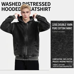 Men American Retro Washed Distressed Zip Hoodie Heavyweight Cotton Oversized Sweatshirt Hooded Cardigan Jacket Top For Men