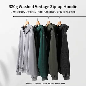 Men Vintage Acid Wash Zip Up Hoodie Heavyweight Cotton Loose Casual Hooded Sweatshirt Top