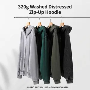 Vintage washed distressed loose-fit zip-up hoodie for men with heavy weight cotton fabric