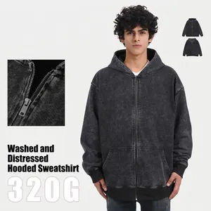 Men American Retro Acid Wash Zip Up Hoodie Pure Cotton Loose Fit Hooded Sweatshirt Vintage Streetwear Casual Fashion Top