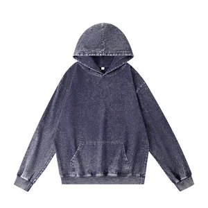 Vintage gewassen donkerblauwe katoenen hoodie met oversized pasvorm
