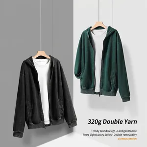 Heavyweight 320g washed cotton zip-up hoodie in black and teal green