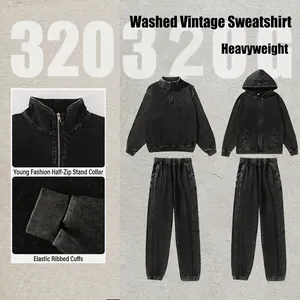Men's Vintage Washed Cotton Half-Zip Stand Collar Sweatshirt Heavyweight Distressed Loose Fit Pullover Long Sleeve Top