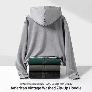 Premium 320g heavyweight washed vintage zip-up cotton hoodie for men in multi-color stack