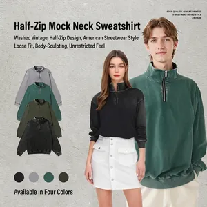 Men American Vintage Washed Distressed Cotton Sweatshirt Half Zip Stand Collar Loose Fit Heavyweight Long Sleeve Top