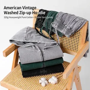 320g heavyweight washed cotton zip-up hoodie and sweatpants set in retro mens style