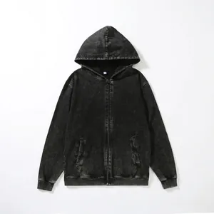 Vintage washed black zip-up hoodie for men with loose fit and pure cotton fabric