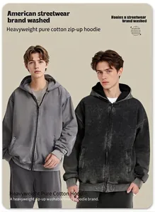 Dettagli di felpe con cappuccio e zip in cotone lavato pesante 320G grigio e nero stile