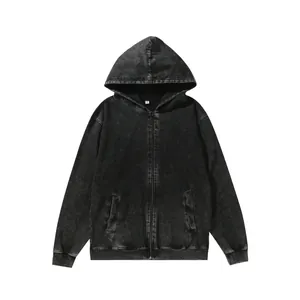 Vintage charcoal washed heavyweight double yarn cotton zip-up hoodie for men