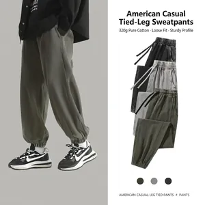Men American Retro Heavyweight Washed Cotton Sweatpants Loose Distressed Joggers Casual Cuffed Bottom Sports Trousers