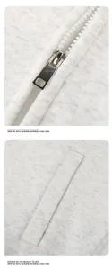 Detailed view of the white zipper and side pocket on a heavy gray fleece hoodie