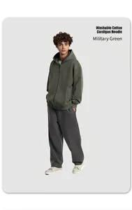 Felpa pesante da uomo 320G in cotone lavato verde militare con zip e cappuccio