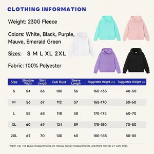 Tabla de tallas detallada y especificaciones para este conjunto de sudadera con capucha polar