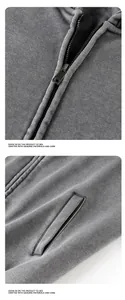 Close-up of grey washed distressed heavy cotton fleece zip-up hoodie detailing.