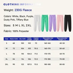 Tabla de tallas completa y detalles de materiales para joggers de forro polar con colores.