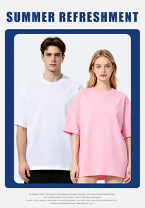 Male and female models in white and pink 230G cotton loose fit drop shoulder T-shirts