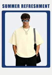 Detail view of heavyweight 300G cream boxy T-shirt with drop shoulders for men