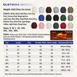 Size guide and detailed specifications for 420G heavyweight fleece-lined sweatshirt