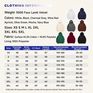 Tableau des tailles détaillé pour sweat à capuche en polaire lourde 500G avec mesures XS-5XL.